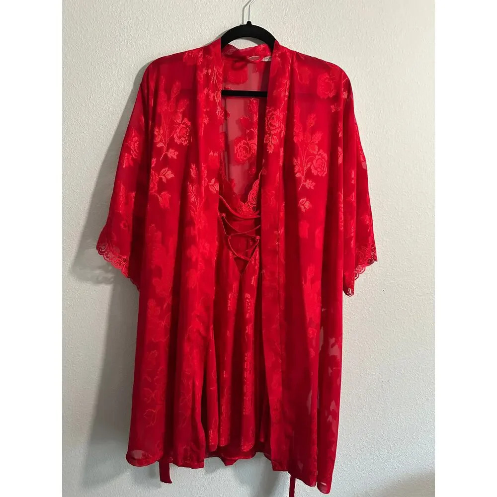 Vintage VTG Frederick’s of Hollywood Lingerie Red Rose Nightgown Chemise Robe